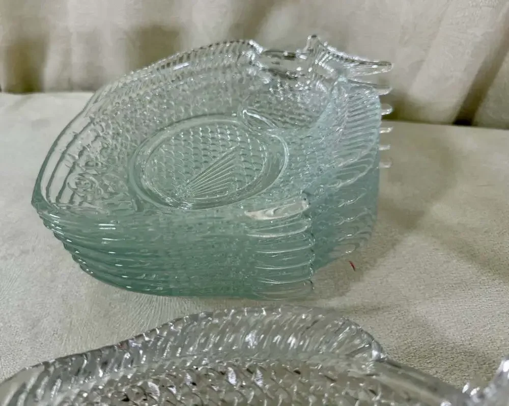 Vintage Anchor Hocking Clear Glass Fish Shaped Serving Platter and Plate Set